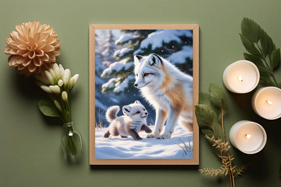 Arctic Fox Family Portrait Winter Wildlife Wall Art Snow Animal Print