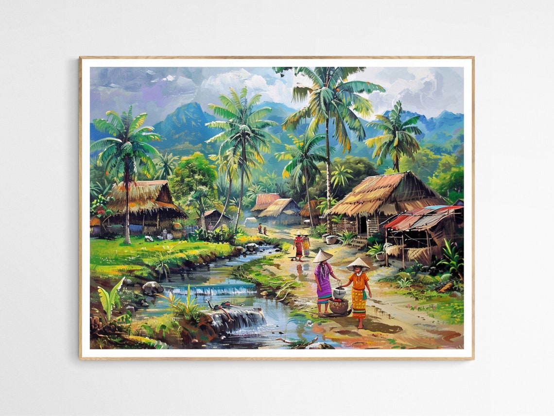 Filipino Village Stream Thatched Huts Tropical Mountains Poster