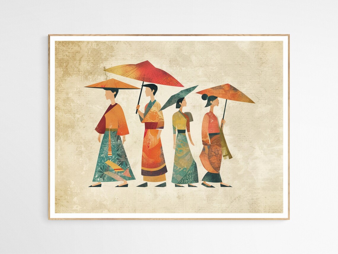 Four Women with Paper Parasols Vintage Asian Inspired Art Poster