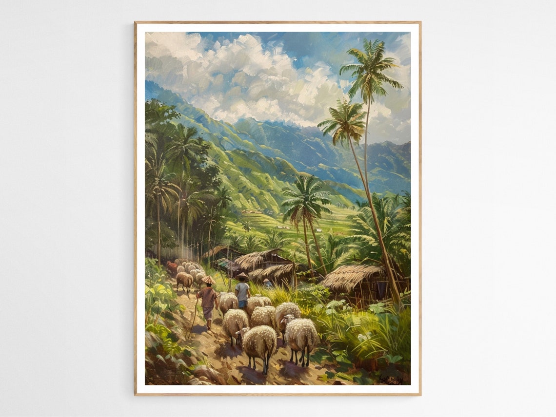 Philippines Sheep Herding Mountain Trail Palms Village Art Poster
