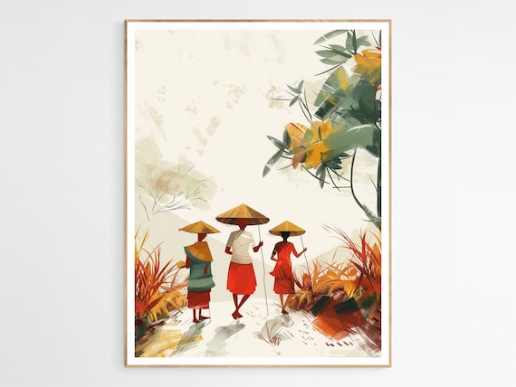 Filipino Villagers Autumn Fields Walk Warm Color Painting Art Poster