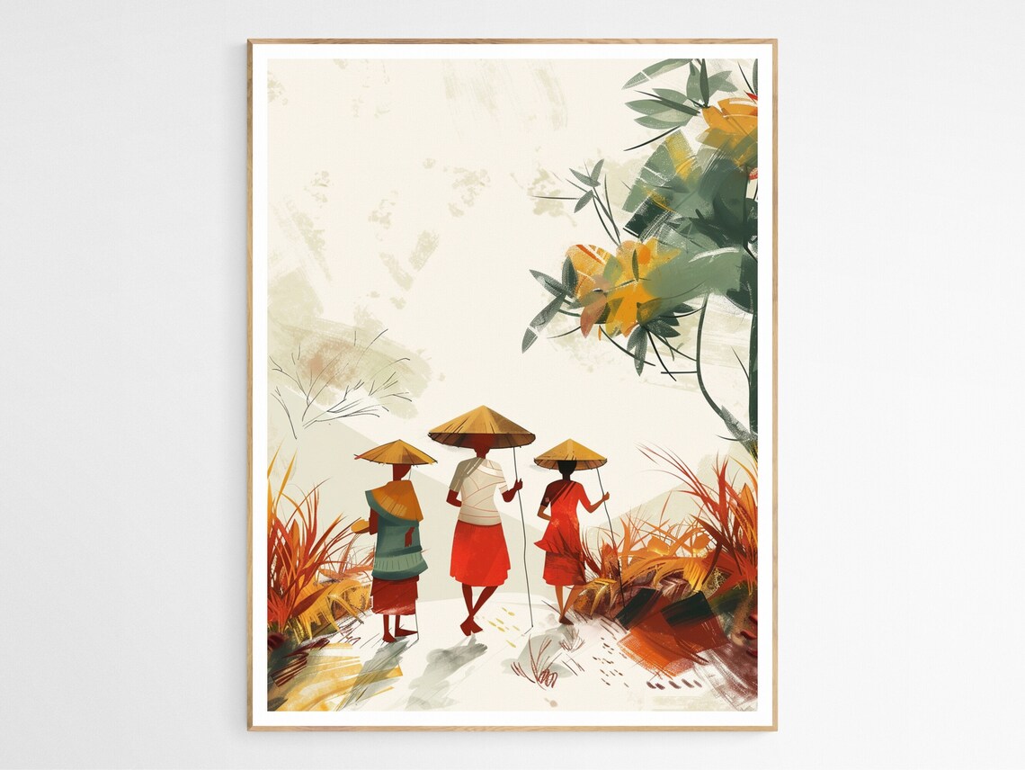 Filipino Villagers Autumn Fields Walk Warm Color Painting Art Poster