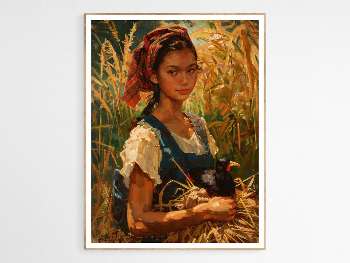 Filipina Girl In Golden Rice Field Holding Hen Impressionist Art Poster