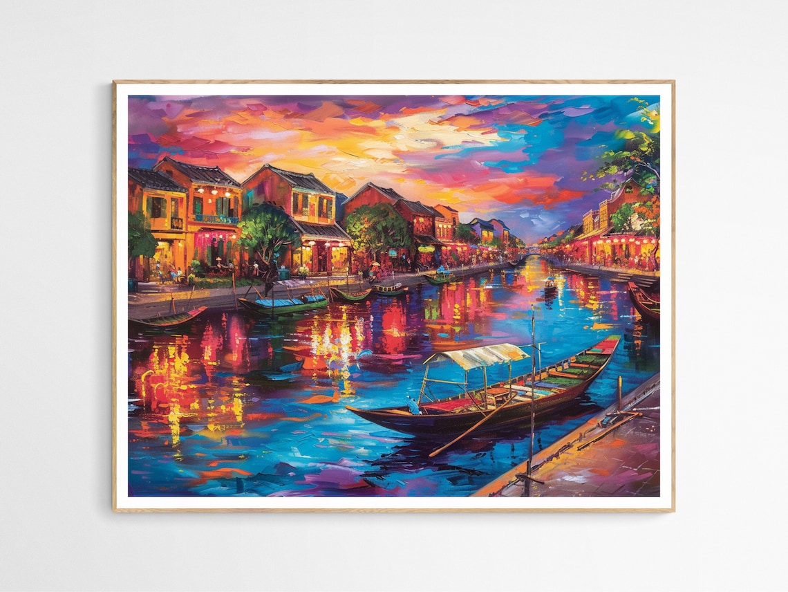 Hoi An Vietnam Lantern Street Oil Painting River Boats Poster