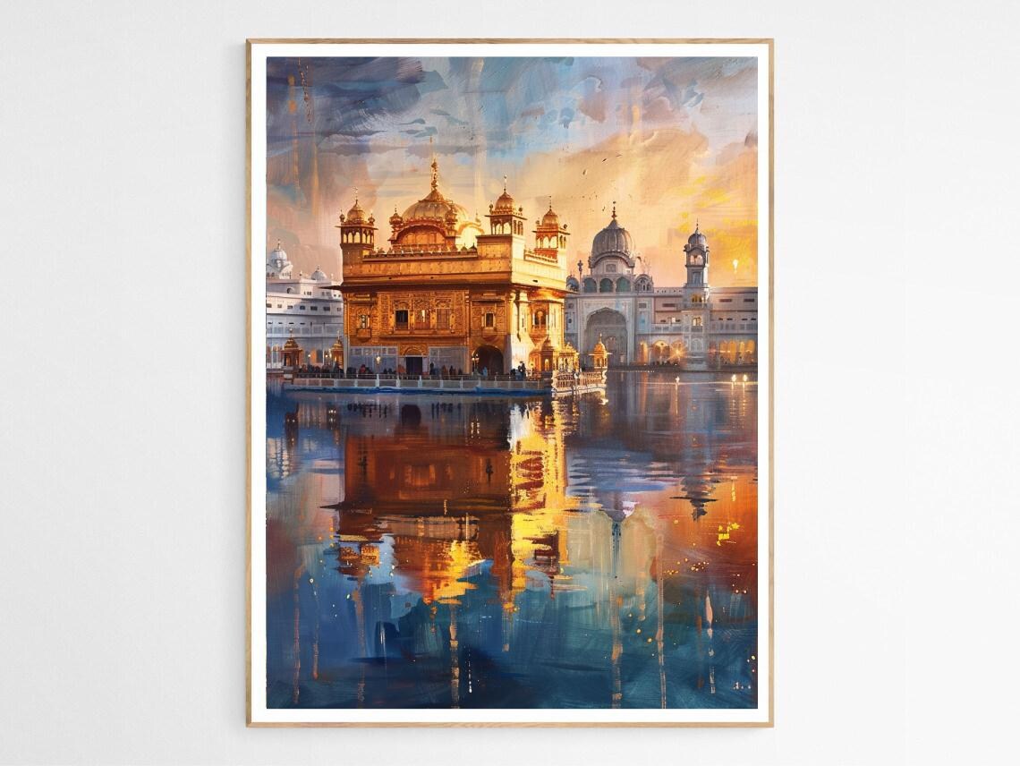 Golden Temple Amritsar Glowing Golden Sunset Watercolor Art Poster