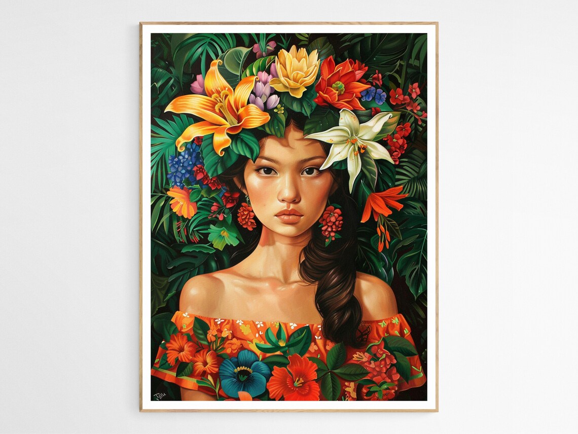 Filipina Lady Tropical Flower Portrait Colorful Floral Wall Art