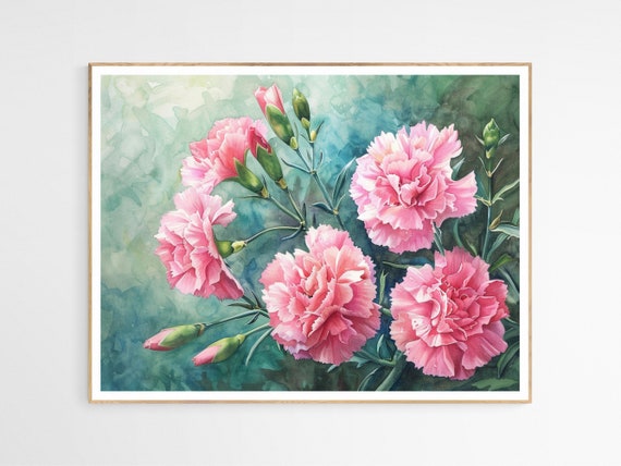 Vintage Vivid Pink Carnation Flowers Art Print Botanical Home Office Decor Floral Gift For Mom