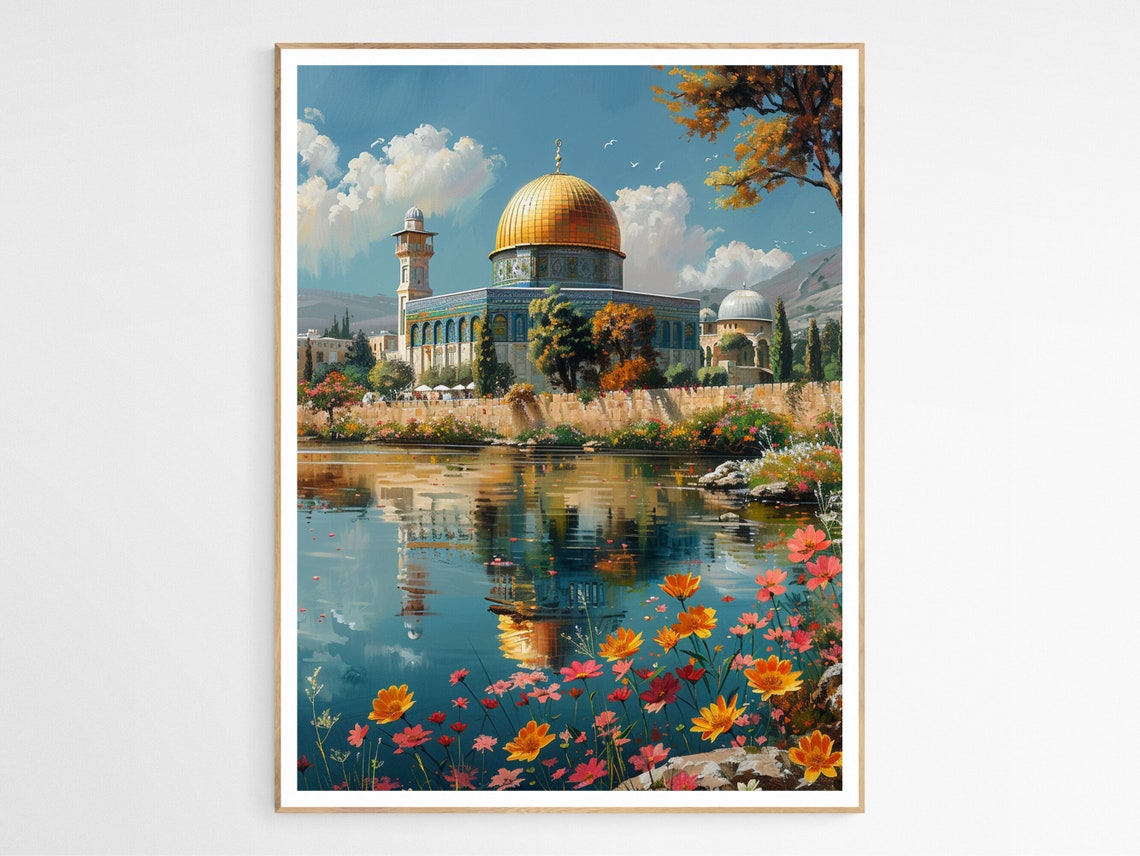 Dome of the Rock Golden Dome Water Reflection Wildflower Art Poster