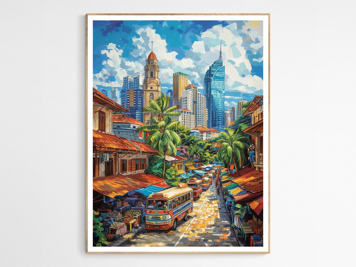 Manila Street Market Colorful Buses Tropical Cityscape Art Print