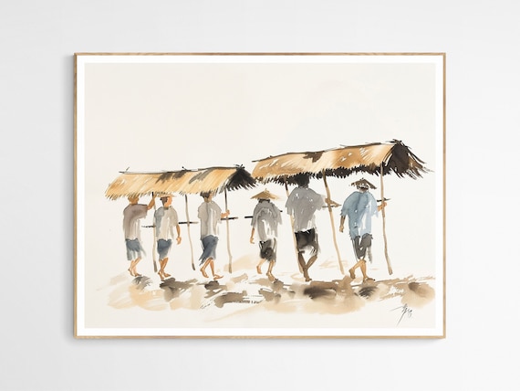 Filipino Bayanihan Community Carrying Nipa Hut Watercolor Poster