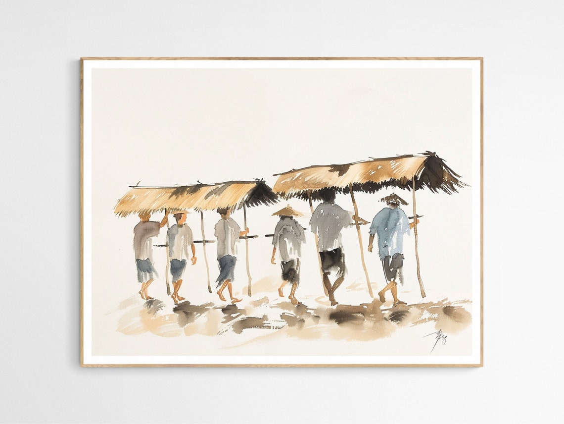 Filipino Bayanihan Community Carrying Nipa Hut Watercolor Poster