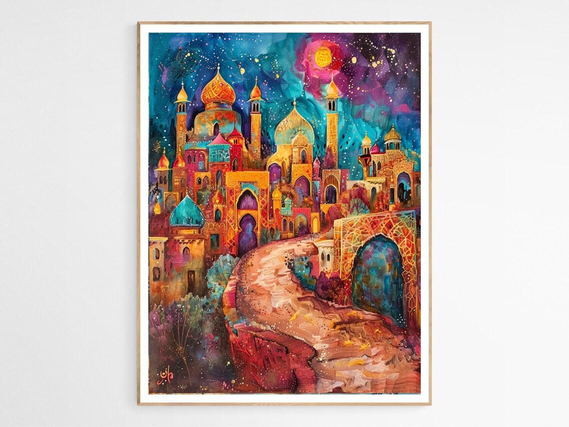 India Temple City Night Colorful Fantasy Painting Art Poster