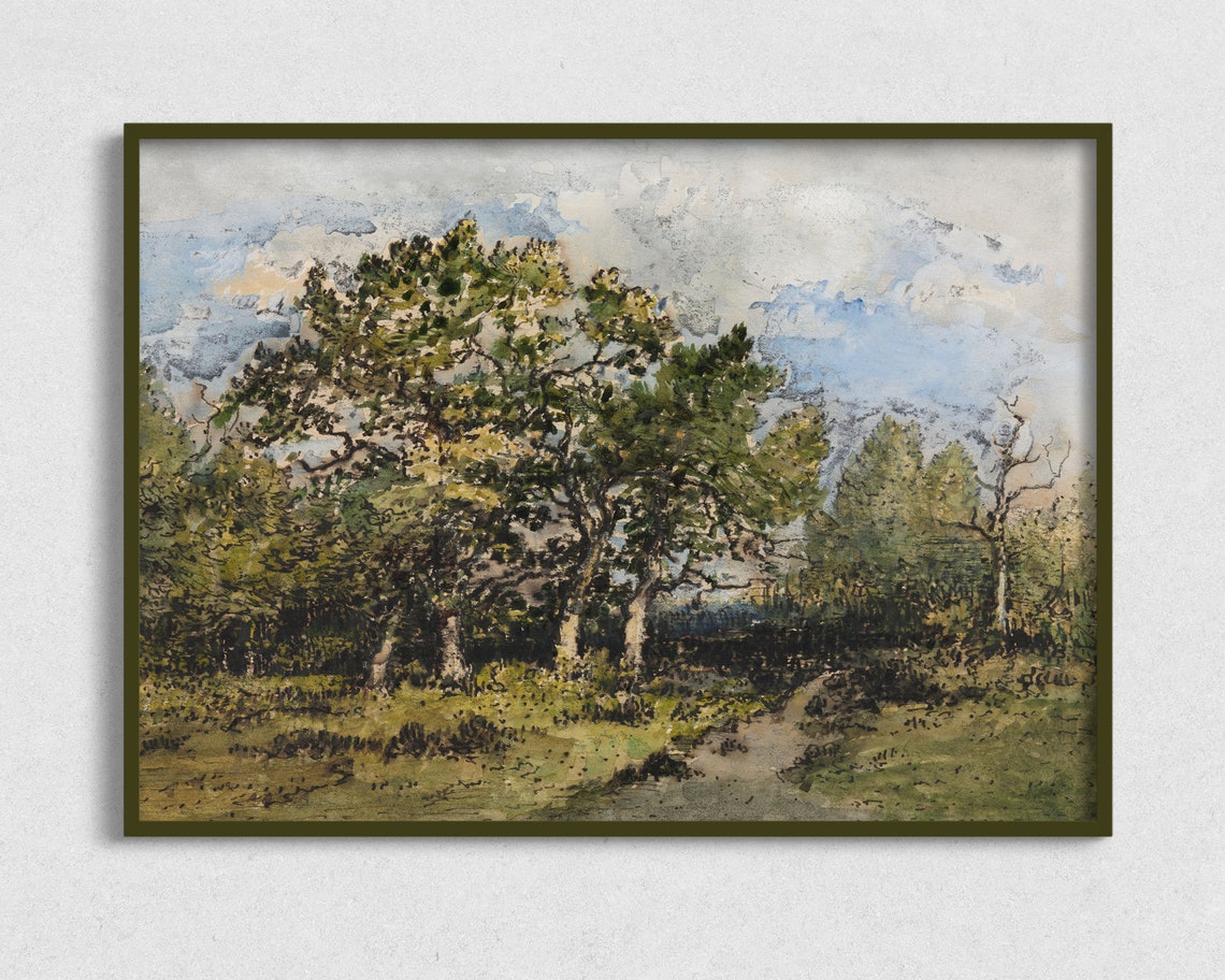 Trees Along Winding Path Expansive Sky Vintage Landscape Poster