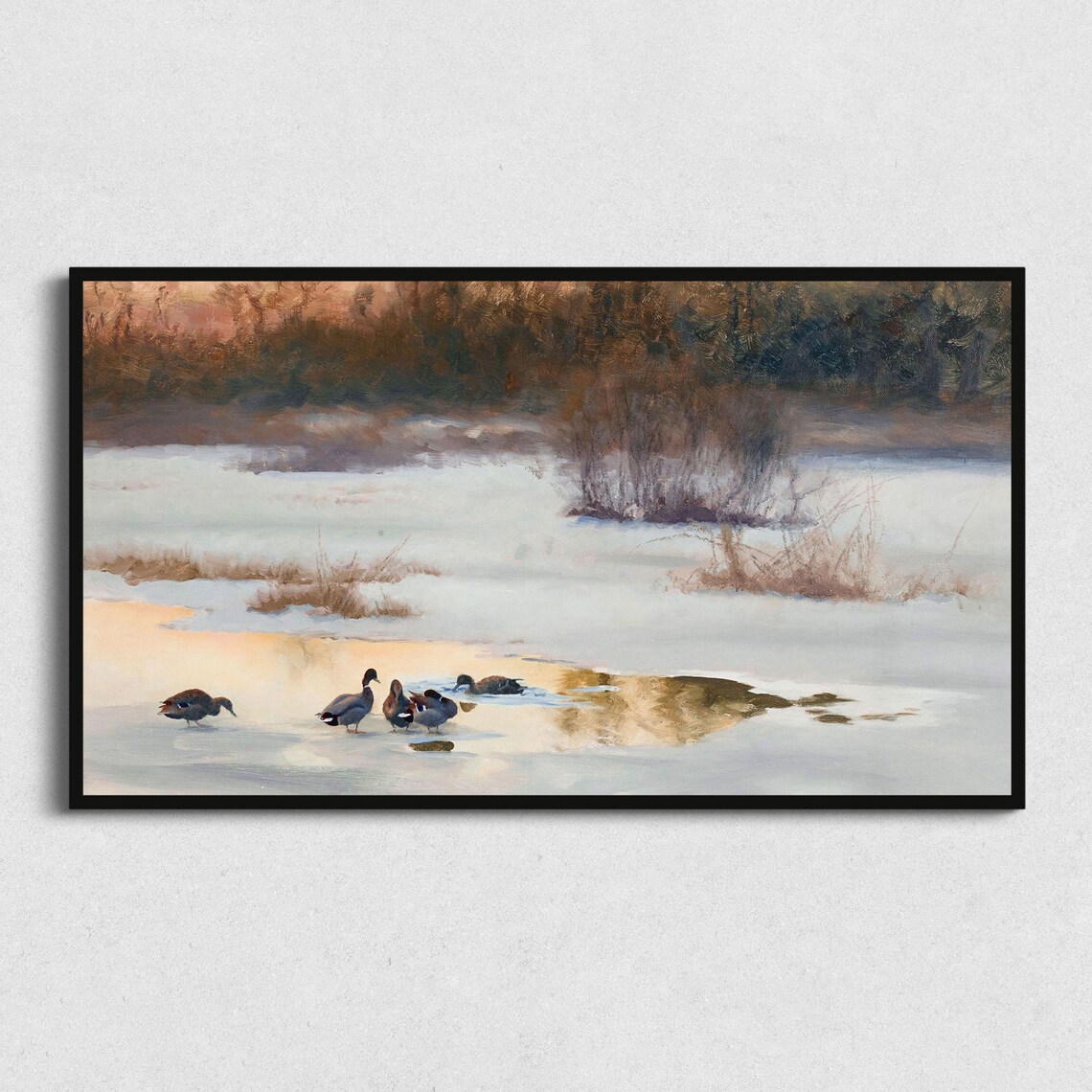 Ducks On Frozen Pond Winter Sunset Vintage Wildlife Art Print