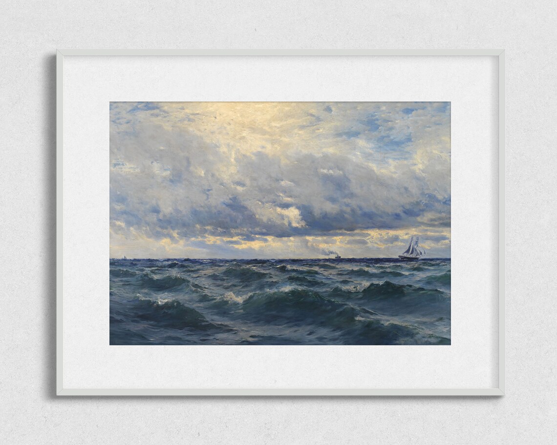 Open Ocean Seascape Rolling Waves Ships Dramatic Cloudy Sky Vintage Art Poster - Image 2