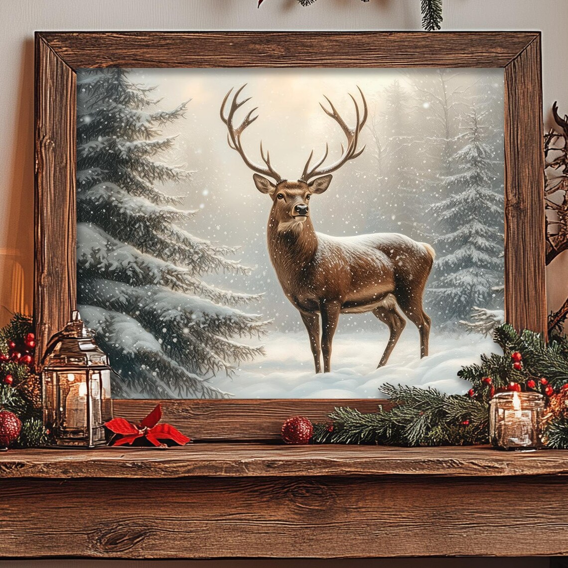 Snowy Forest Deer Christmas Art Print, Rustic Holiday