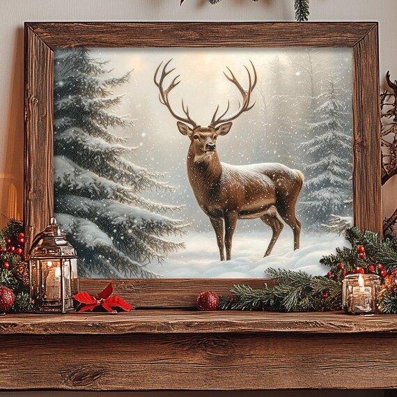 Snowy Forest Deer Christmas Art Print, Rustic Holiday