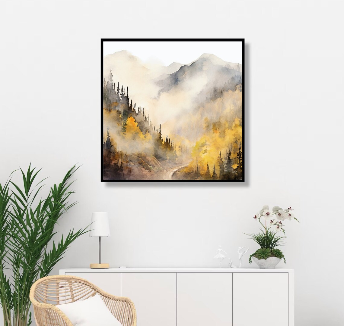 Autumn Misty Mountains Golden Aspen Watercolor Art Scene Poster - Image 2