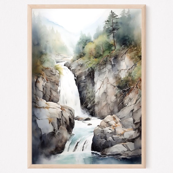 Forest Canyon Waterfall Plunging Into Rocky Pool Watercolor Poster