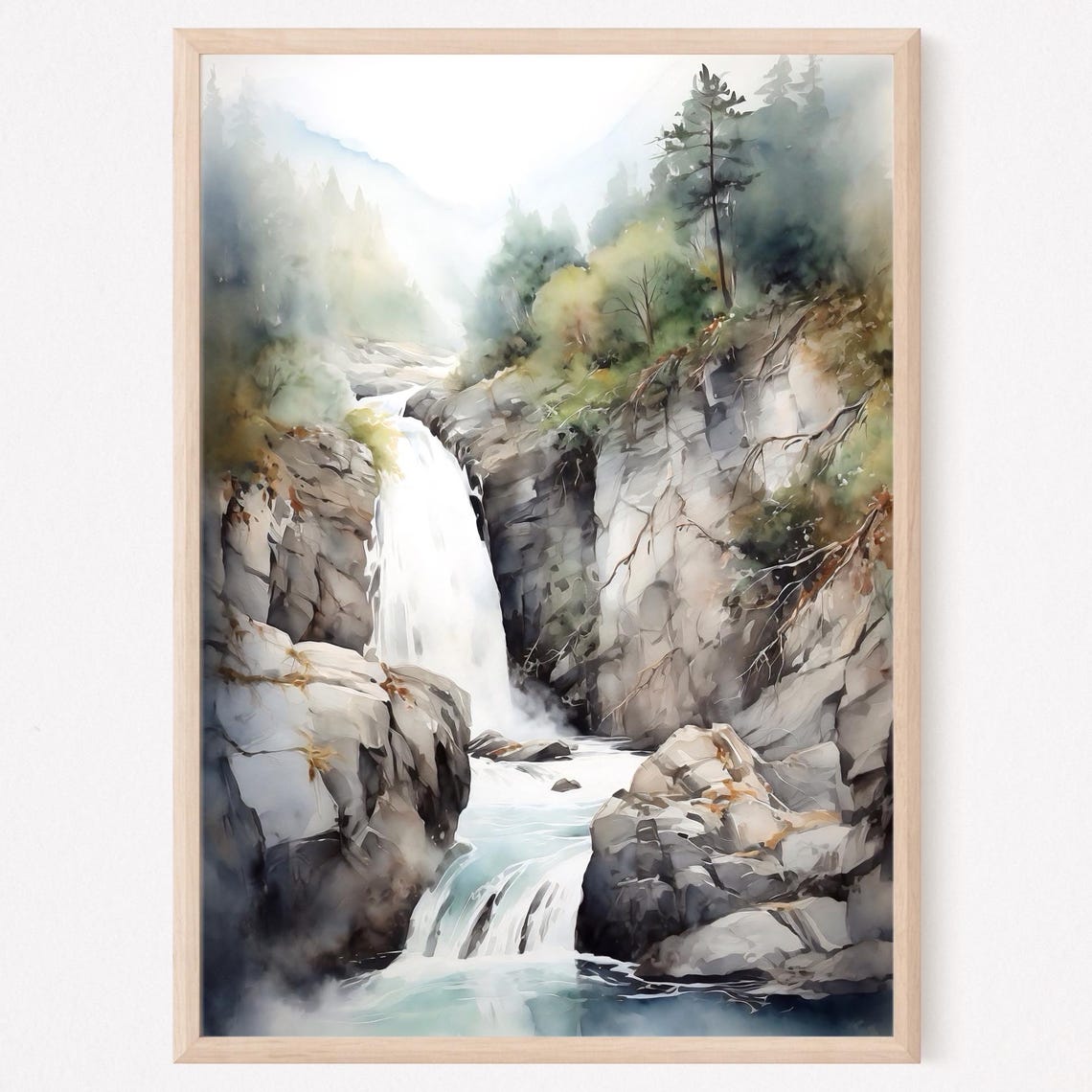 Forest Canyon Waterfall Plunging Into Rocky Pool Watercolor Poster