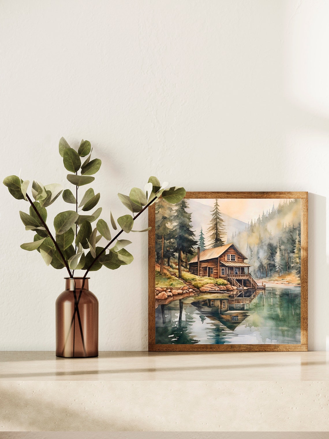 Log Cabin On Mountain Lake Reflection Pine Forest Watercolor Poster - Image 5