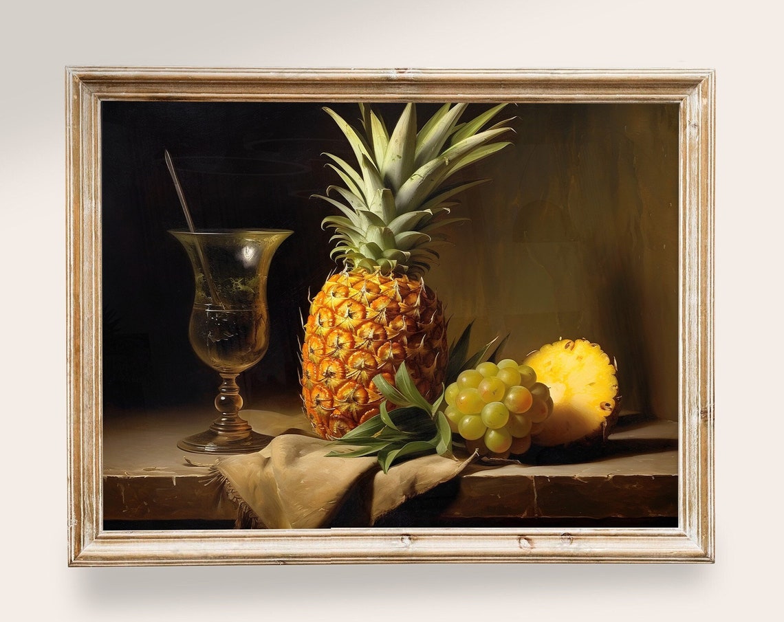 Pineapple Grapes Goblet Still Life Vintage Dark Kitchen Poster