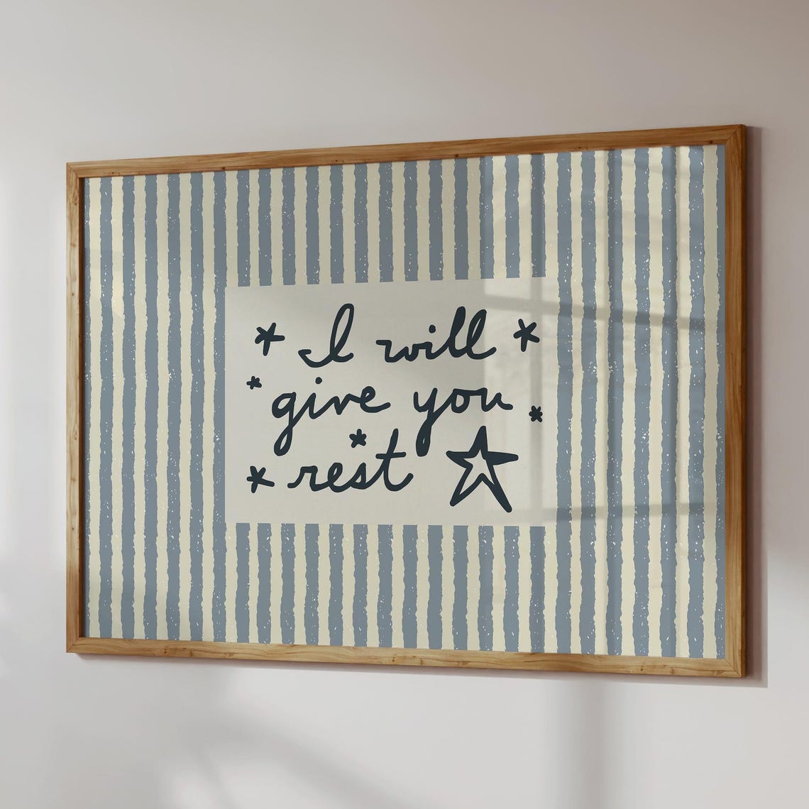 I Will Give You Rest Blue Striped Faith Scripture Nursery Print