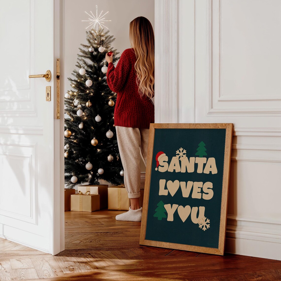 Santa Loves You Christmas Print Trendy Christmas Print Christmas Wall Art Holiday Decor Funky Christmas Poster Christmas Art - Image 2