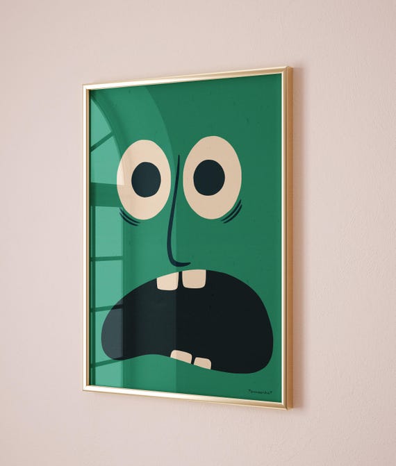 Funky Face Wall Art Print Funny Wall Art Uplifting Inspirational Poster Retro Funky Wall Art Green Funny Face Trendy Wall Art