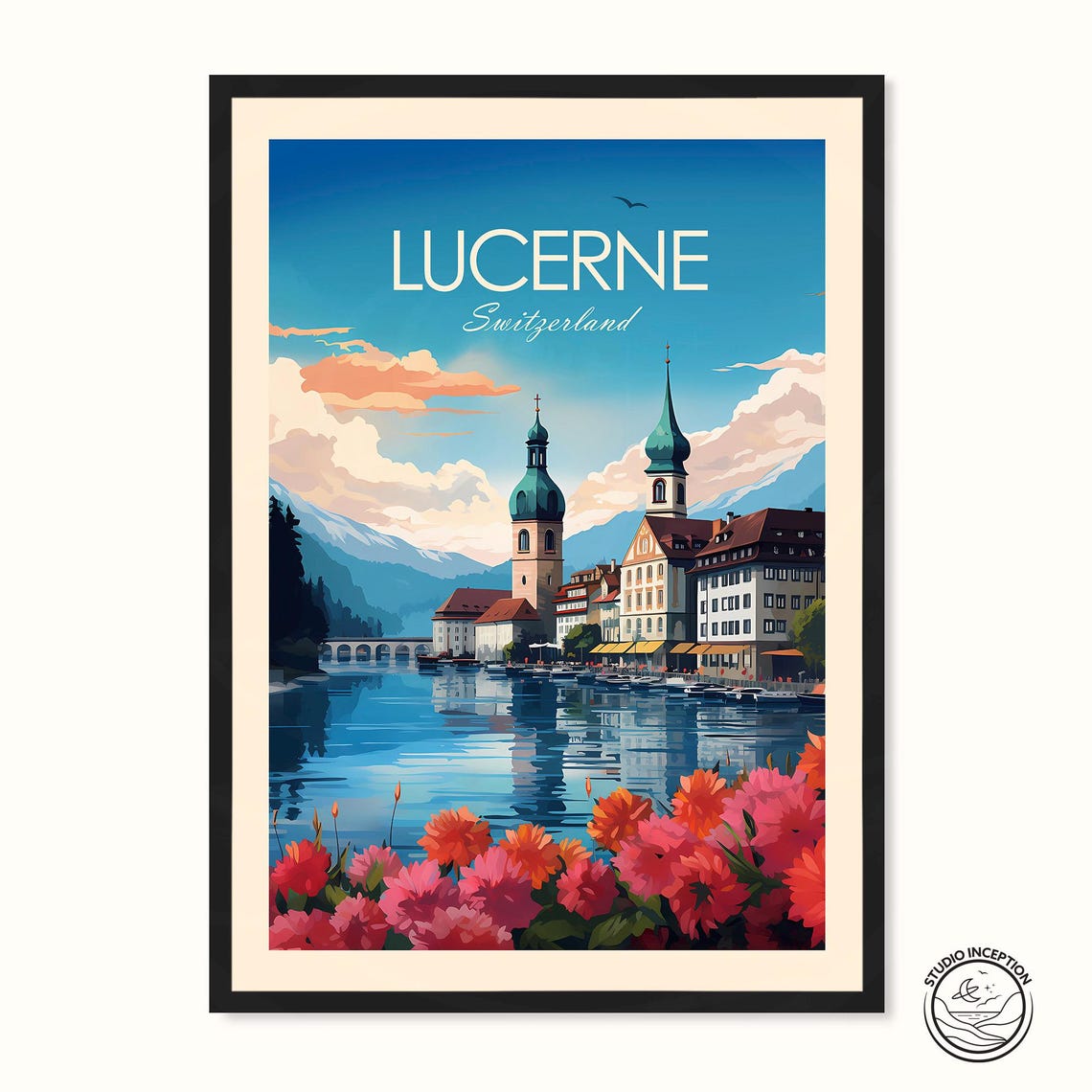 Lucerne Switzerland Lake Waterfront Church Towers Flower Poster