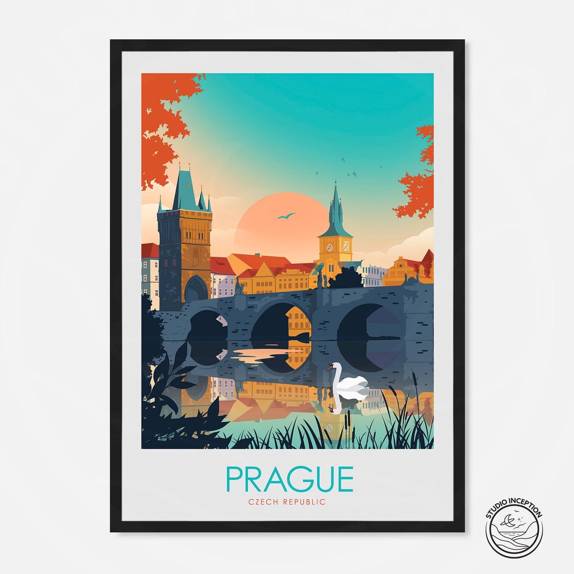 Prague Czech Republic Charles Bridge Swan Sunset Travel Poster