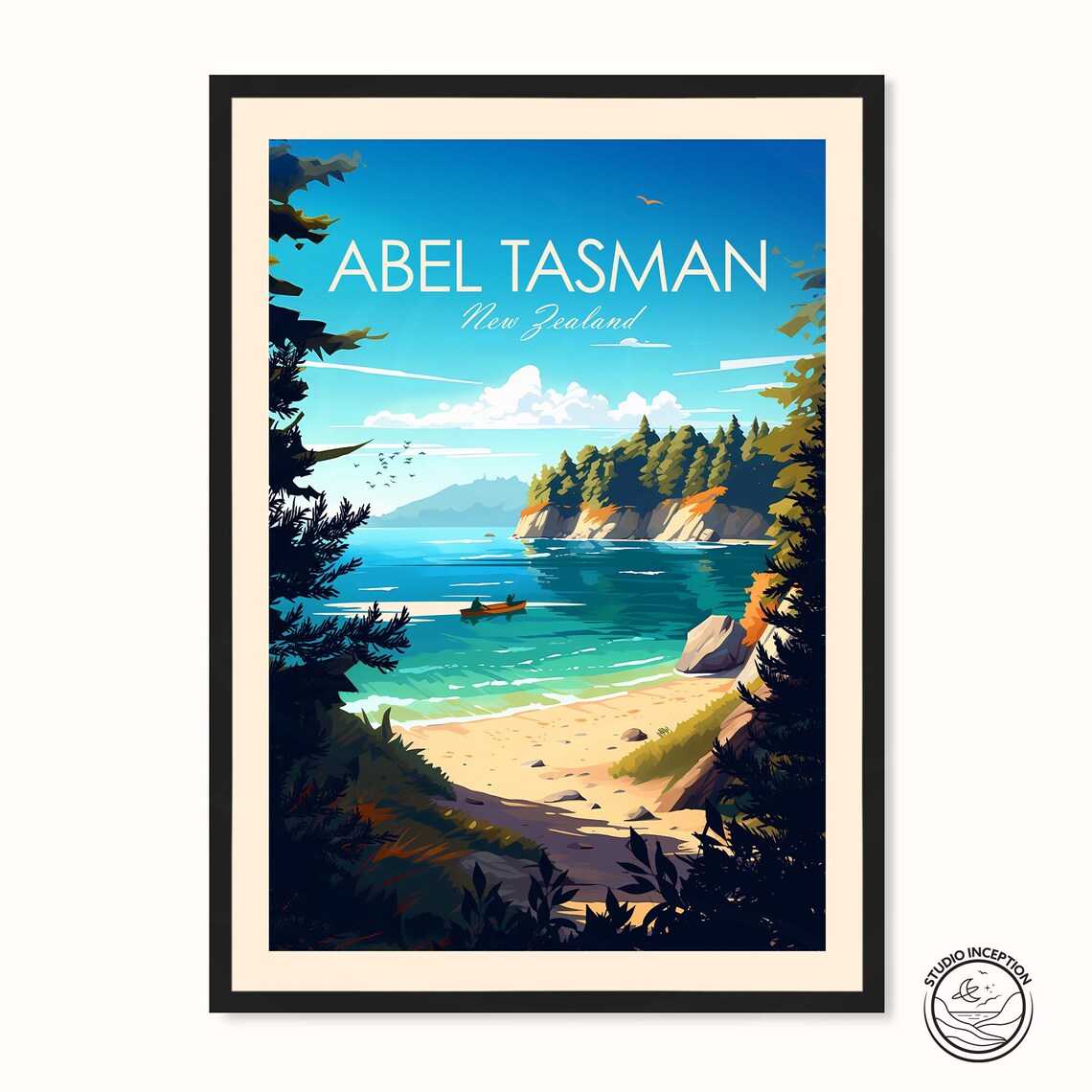 Abel Tasman New Zealand Coastal Cove Kayak Beach Travel Poster Art