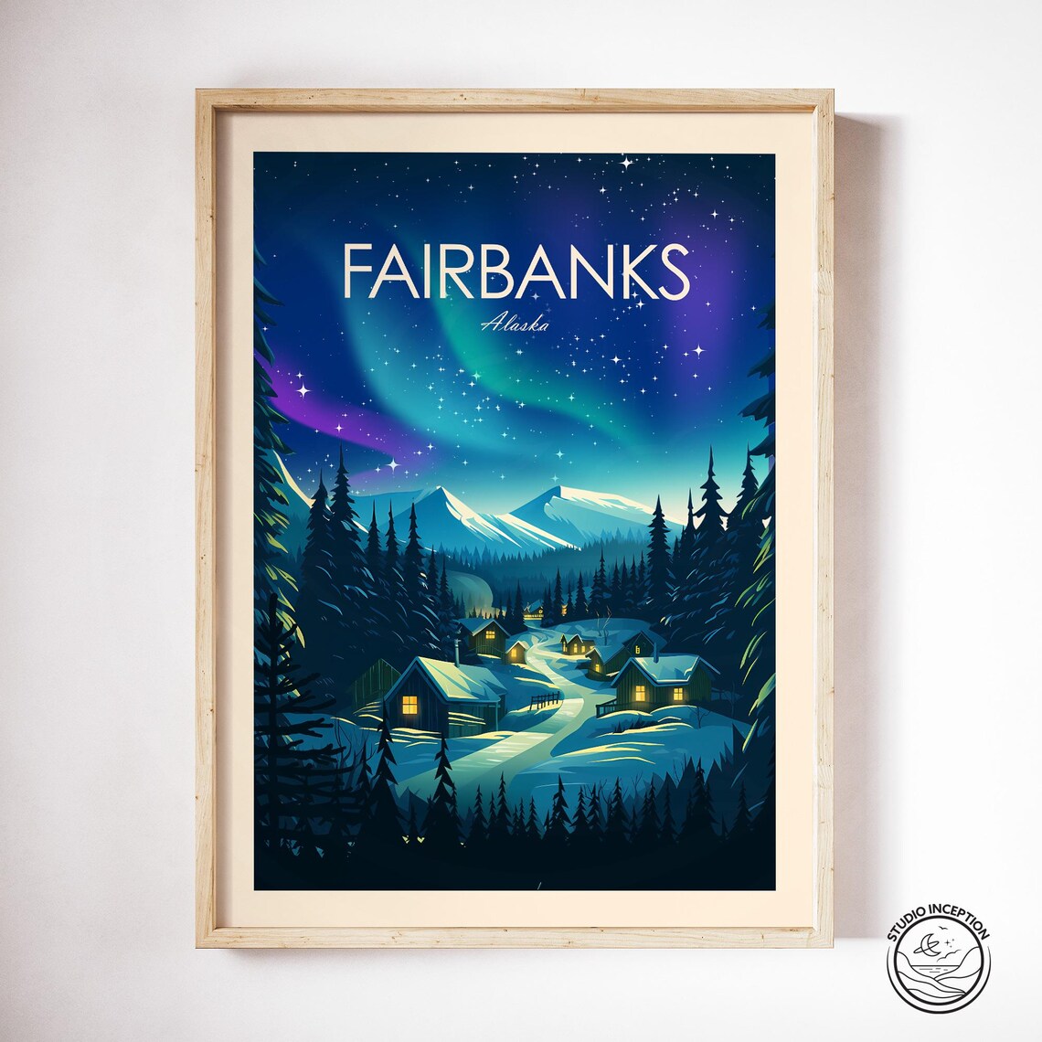Fairbanks Alaska Travel Poster, Northern Lights Art - Image 3