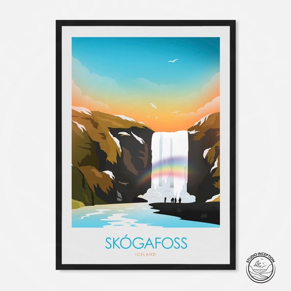 Iceland Travel Poster, Skogafoss and Blue Lagoon