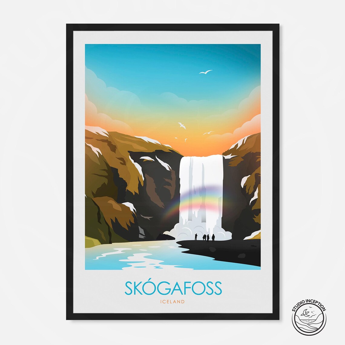 Iceland Travel Poster, Skogafoss and Blue Lagoon