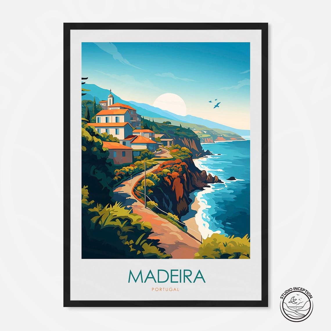 Madeira Portugal Coastal Cliffs Seaside Village Travel Poster