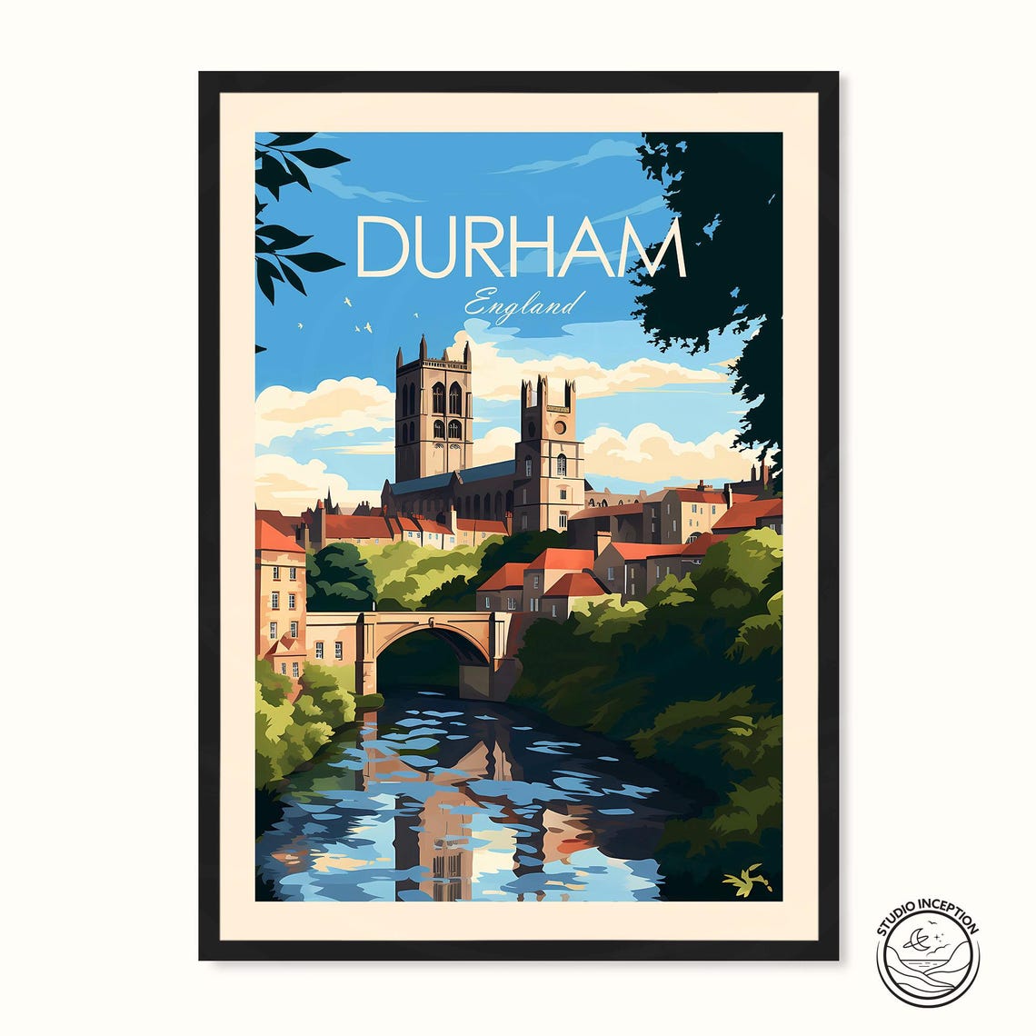 Durham England Cathedral River Bridge Old Town Travel Poster