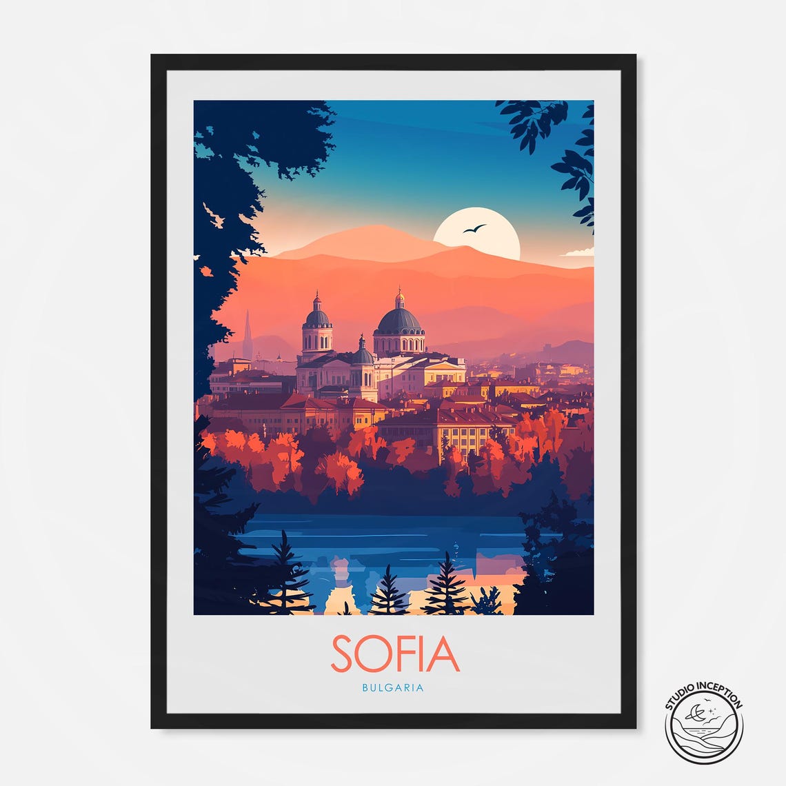 Sofia Bulgaria Sunset Moonlit Cathedral Vintage Travel Poster