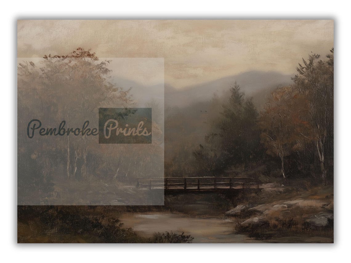 Moody Vintage Forest Bridge Stream Oil Painting Landscape Print - Image 2