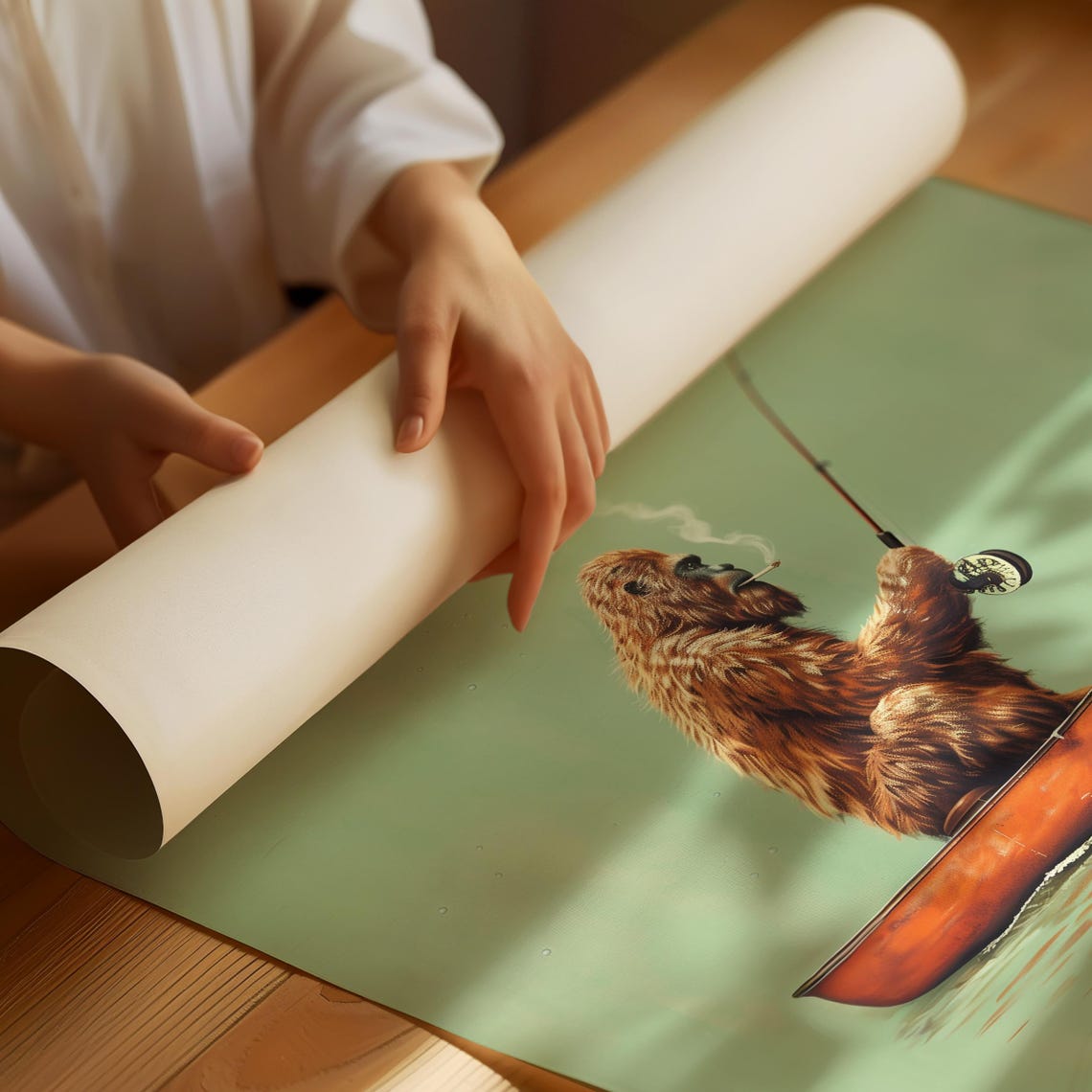 Bigfoot Fishing in Canoe Vintage Retro Poster - Image 2