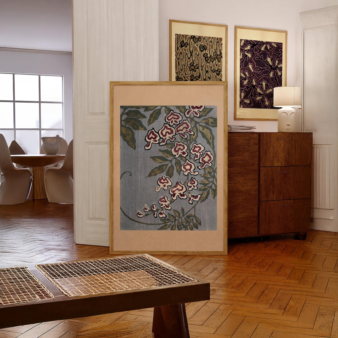 Vintage Japanese Floral Print Antique Wisteria Botanical Wall Art Dusty Blue Burgundy Nature Poster Meiji Era Flower Decor Japandi - Image 4