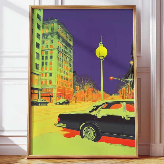 Neon City Street Night Pop Art Classic Car Urban Scene Poster