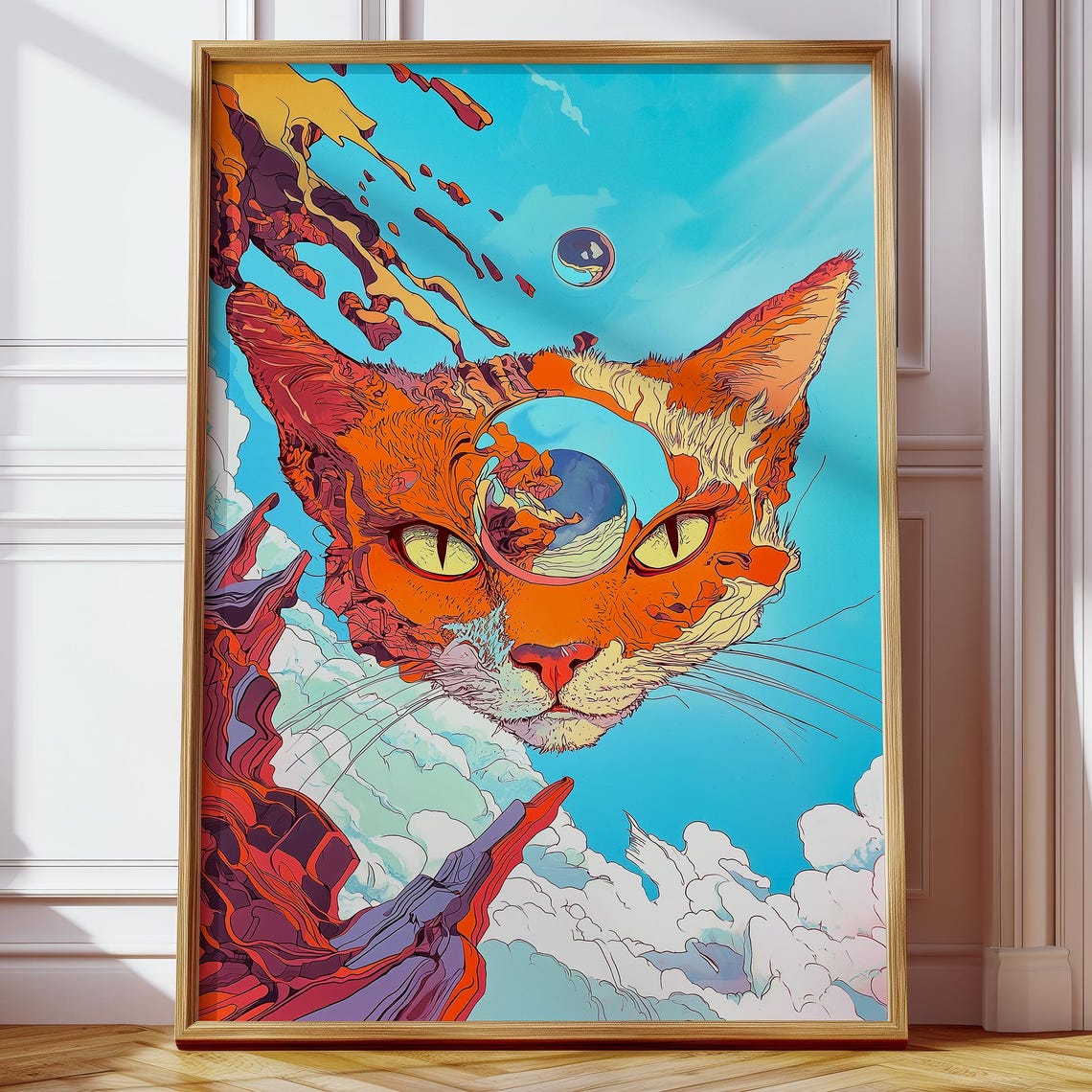 Psychedelic Orange Cat Cosmic Sky Surreal Dreamy Feline Art Poster