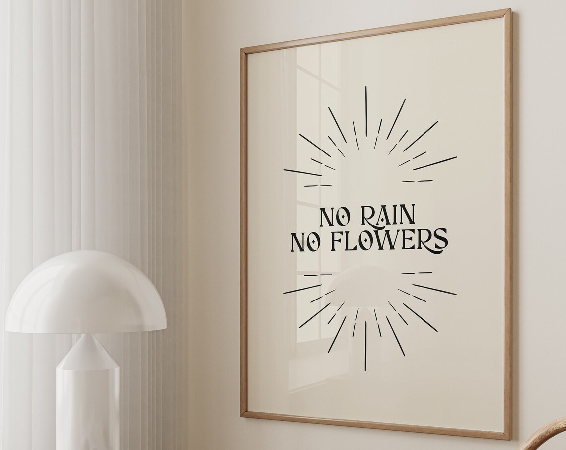 No Rain No Flowers Sunburst Minimalist Inspirational Quote Art Poster