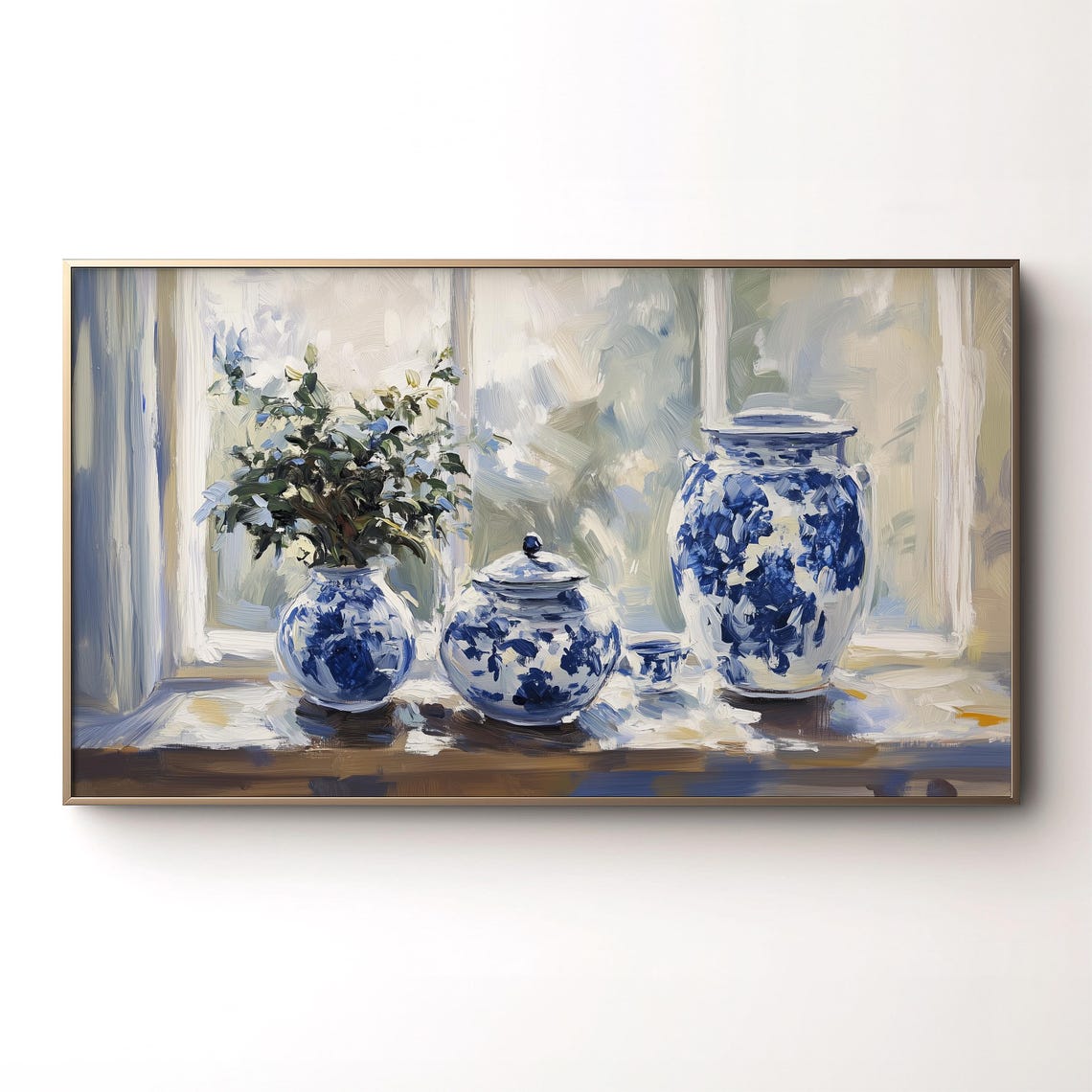 Blue White Chinoiserie Vases Windowsill Floral Still Life Poster - Image 2