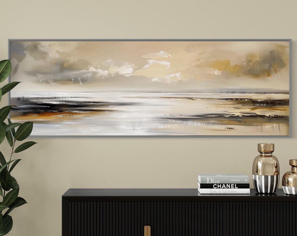 Calming Coastal Abstract Beige Grey Gold Panoramic Wall Art Print