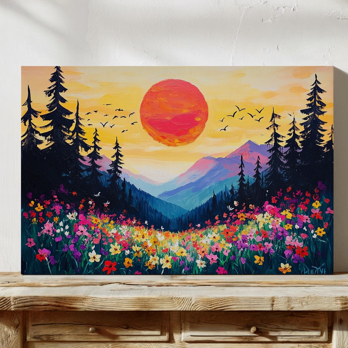 Vibrant Sunset Over Mountain Wildflower Meadow Pine Forest Poster