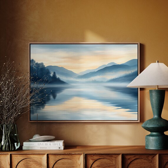 Calming Misty Mountain Lake Art Sunrise Reflection Wall Decor