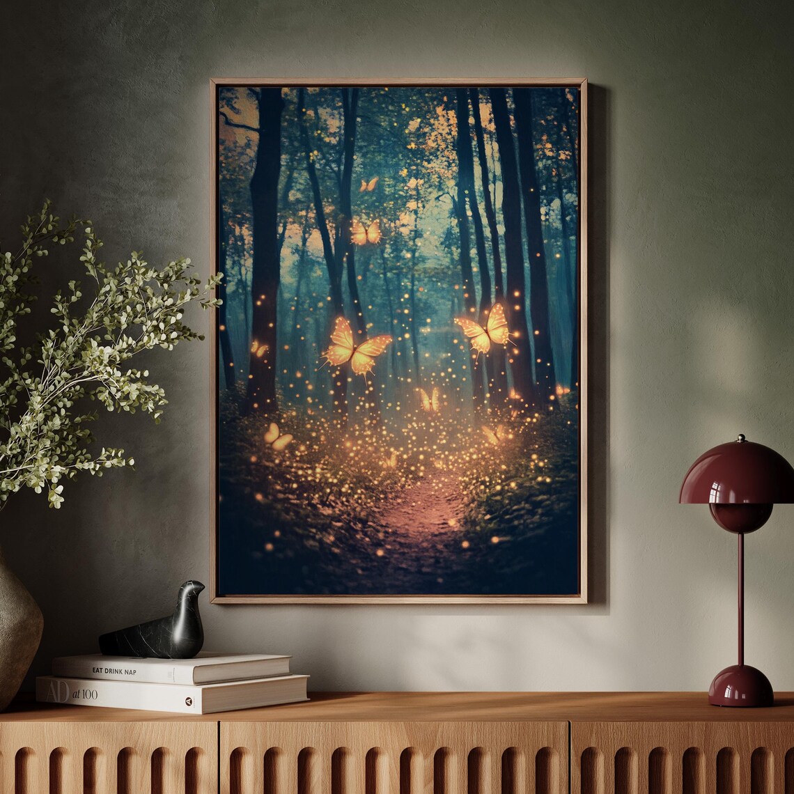 Magical Forest Path With Glowing Butterflies, Art Print