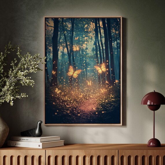 Magical Forest Path With Glowing Butterflies, Art Print